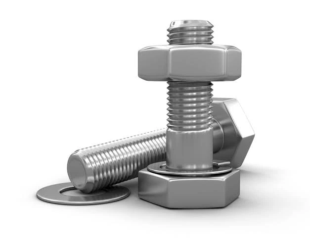 Detailed render of a bolt, nut and washer assembly