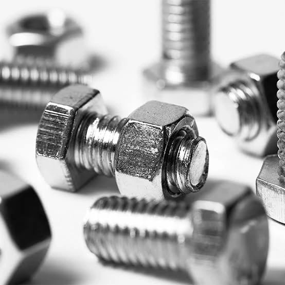 Macro close-up of hex bolts and nuts